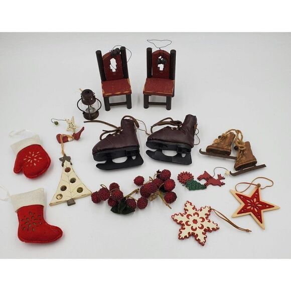 Country Style Christmas Ornament Lot Of 15 Rustic Skates Chairs Tree Lantern